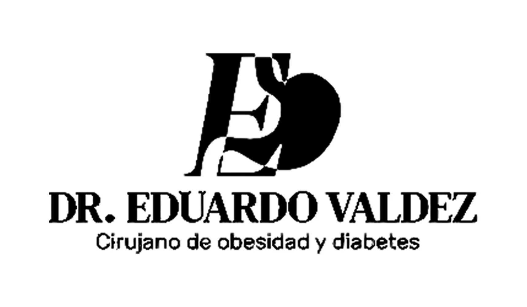 Logotipo que combina una letra 'D' y 'V' en estilo artístico, seguido por el texto 'Dr. Eduardo Valdez' y la descripción 'Cirujano de obesidad y diabetes'.