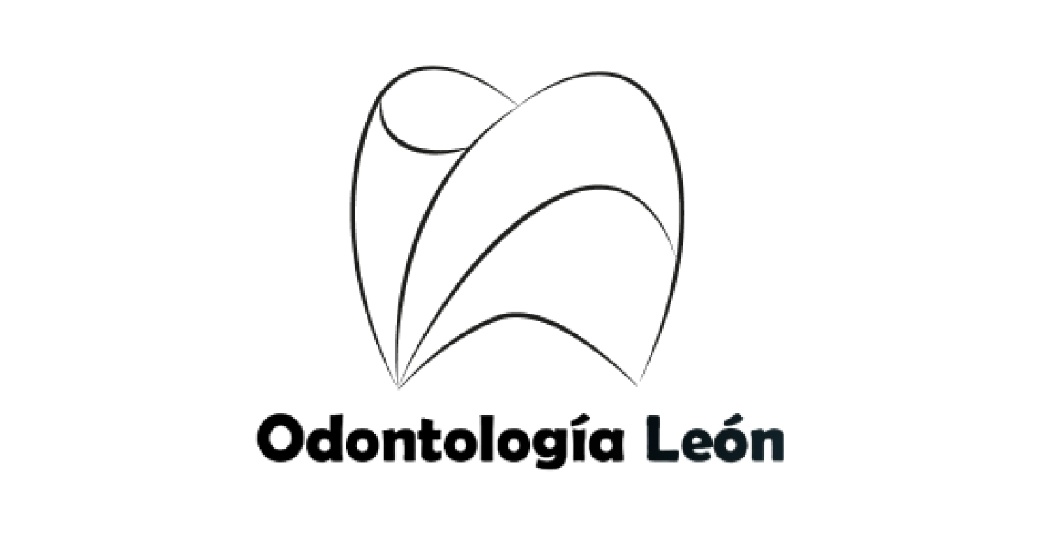 Logo de Odontología León, con un diseño de líneas que representan una sonrisa o boca estilizada y el texto 'Odontología León' debajo.