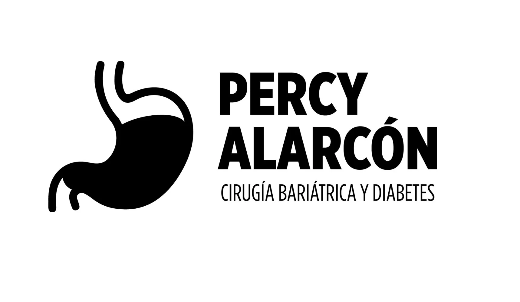 Logo en negro de un estómago estilizado, acompañado del texto 'Percy Alarcón' y debajo, 'Cirugía Bariátrica y Diabetes'.