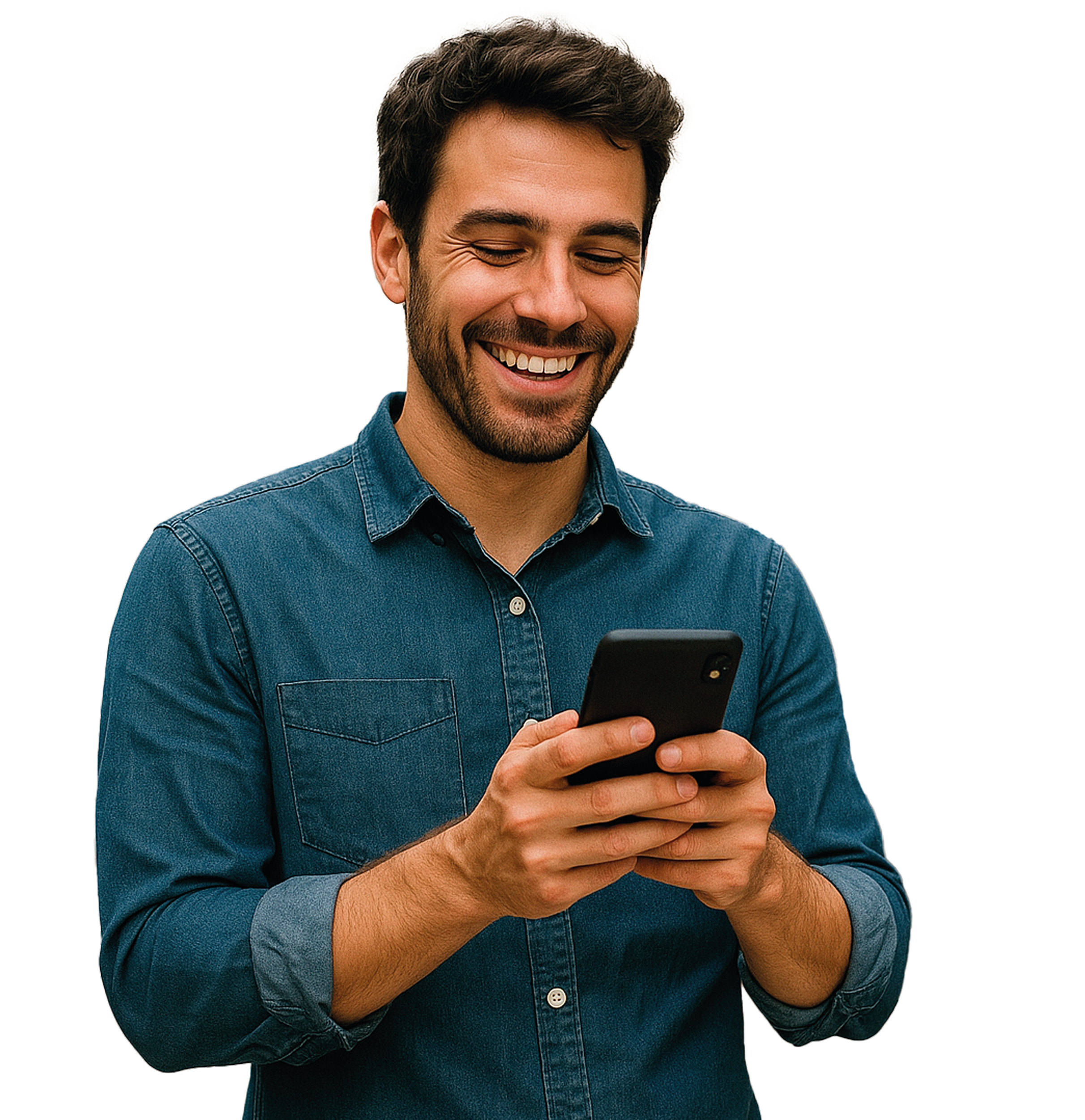 Joven sonriendo mientras mira su teléfono móvil.