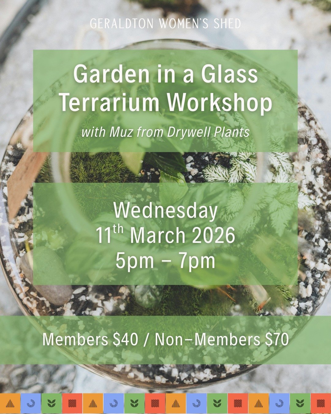 Event Announcement

Garden in a Glass 🌿 Terrarium Workshop

Join us for a relaxed and creative evening with the Geraldton Women&rsquo;s Shed as we host a Terrarium Workshop with Muz from Drywell Plants.

Learn how to build your own mini ecosystem in