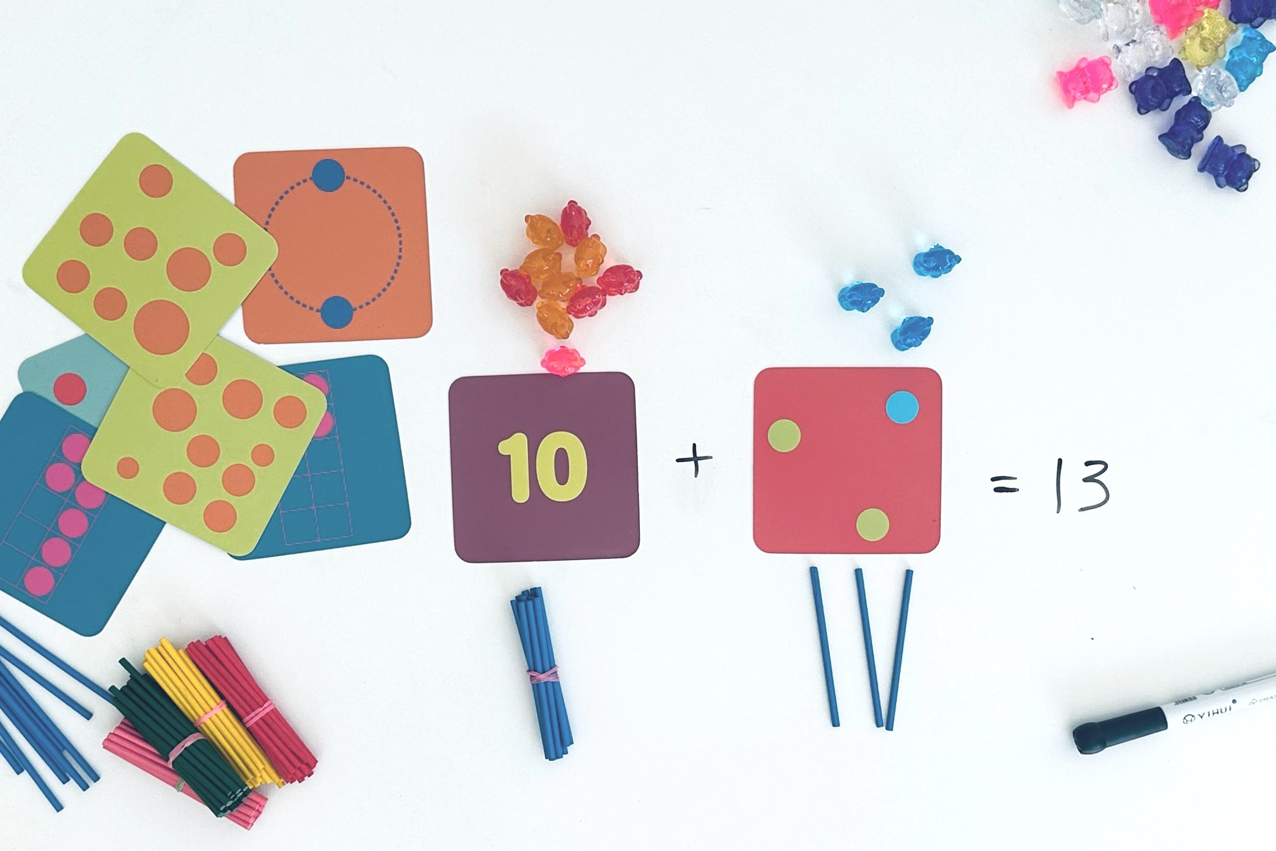 Educational image with colorful cards, counters, and markers illustrating a math equation: 10 plus 3 equals 13.
