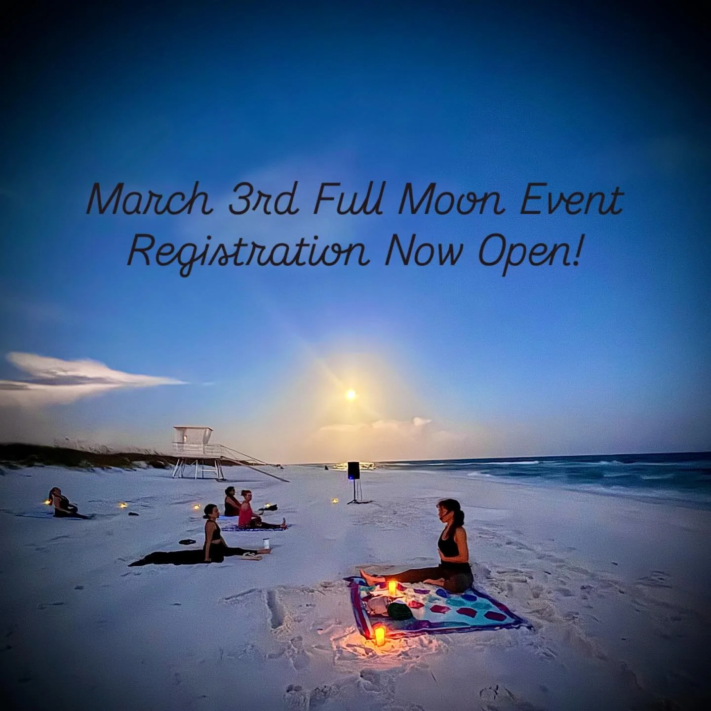 Magical March Full Moon Yoga Event on stunning Pensacola Beach is happening soon! 

Save your spot early and get free gifts! 

First 5 to sign up get a sweet Moon Magic hat ($25 value and great for giving off cool vibes) AND $5 off ticket price! 

Th