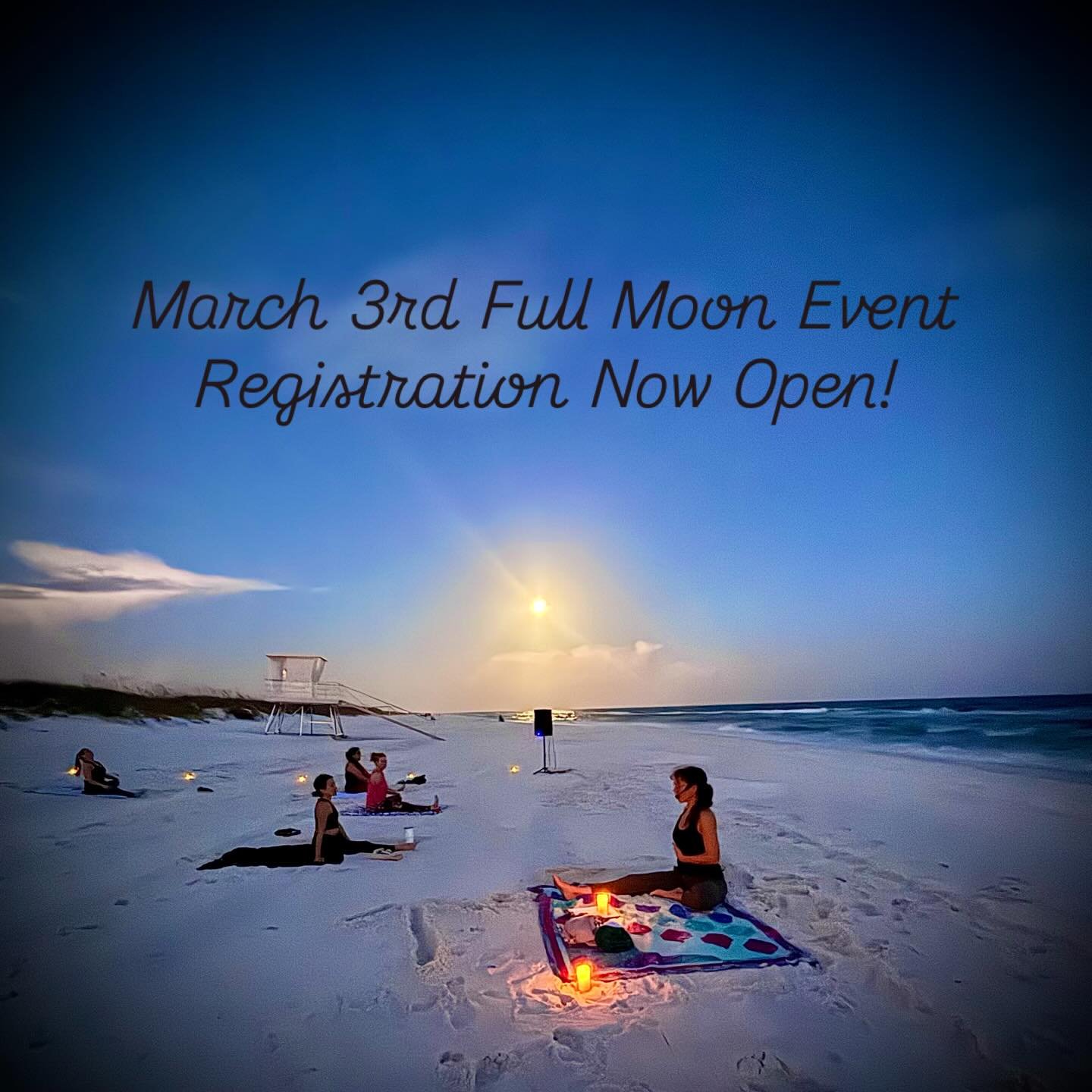 Magical March Full Moon Yoga Event on stunning Pensacola Beach is happening soon! 

Save your spot early and get free gifts! 

First 5 to sign up get a sweet Moon Magic hat ($25 value and great for giving off cool vibes) AND $5 off ticket price! 

Th