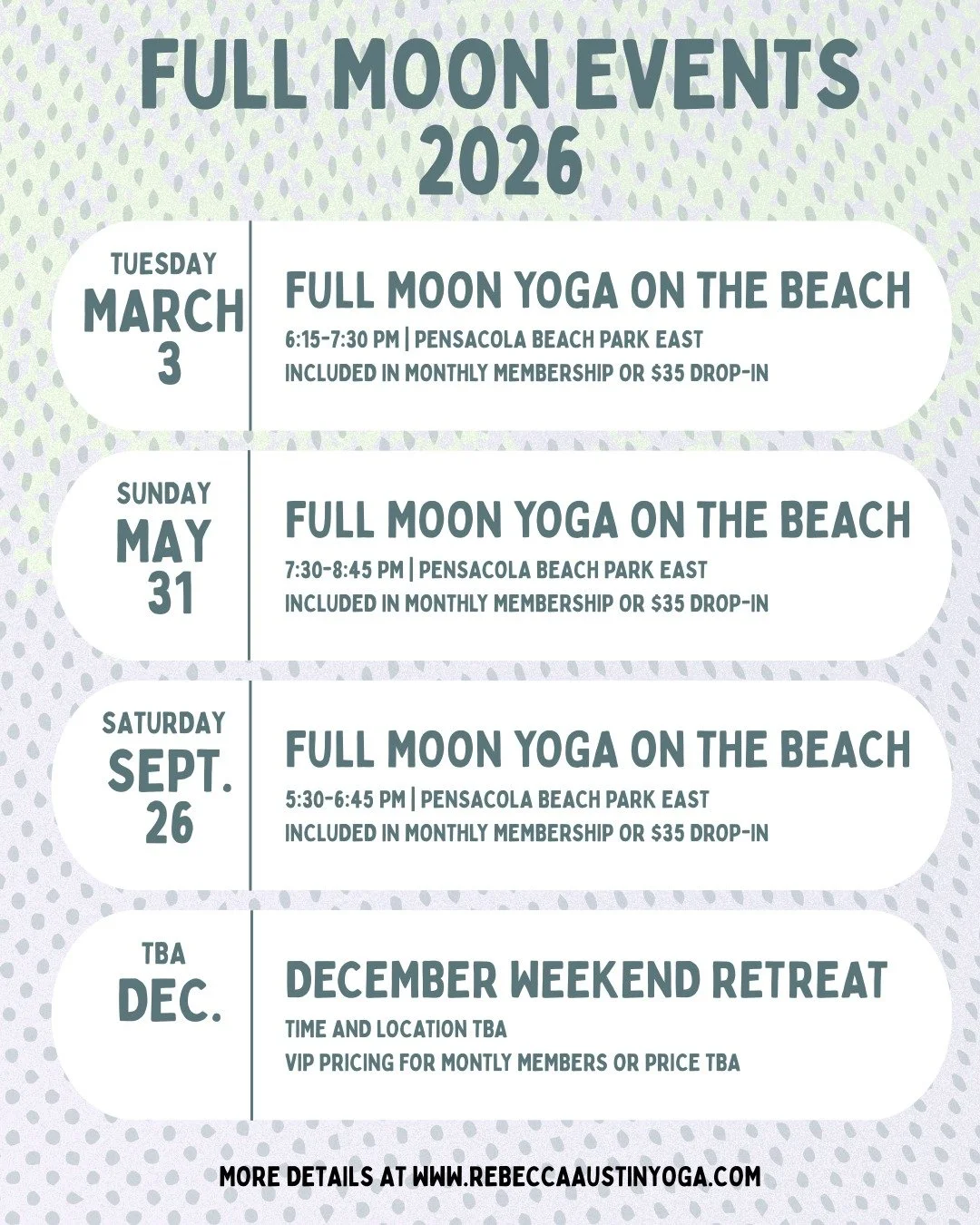 Save the Dates for our 2026 Full Moon Yoga on the Beach Events! 

Moon Magic Members get free tix to attend! 

This is a super special event on Pensacola Beach and we have even more fun surprises planned for these events in 2026! 

#FullMoonYoga #Pen