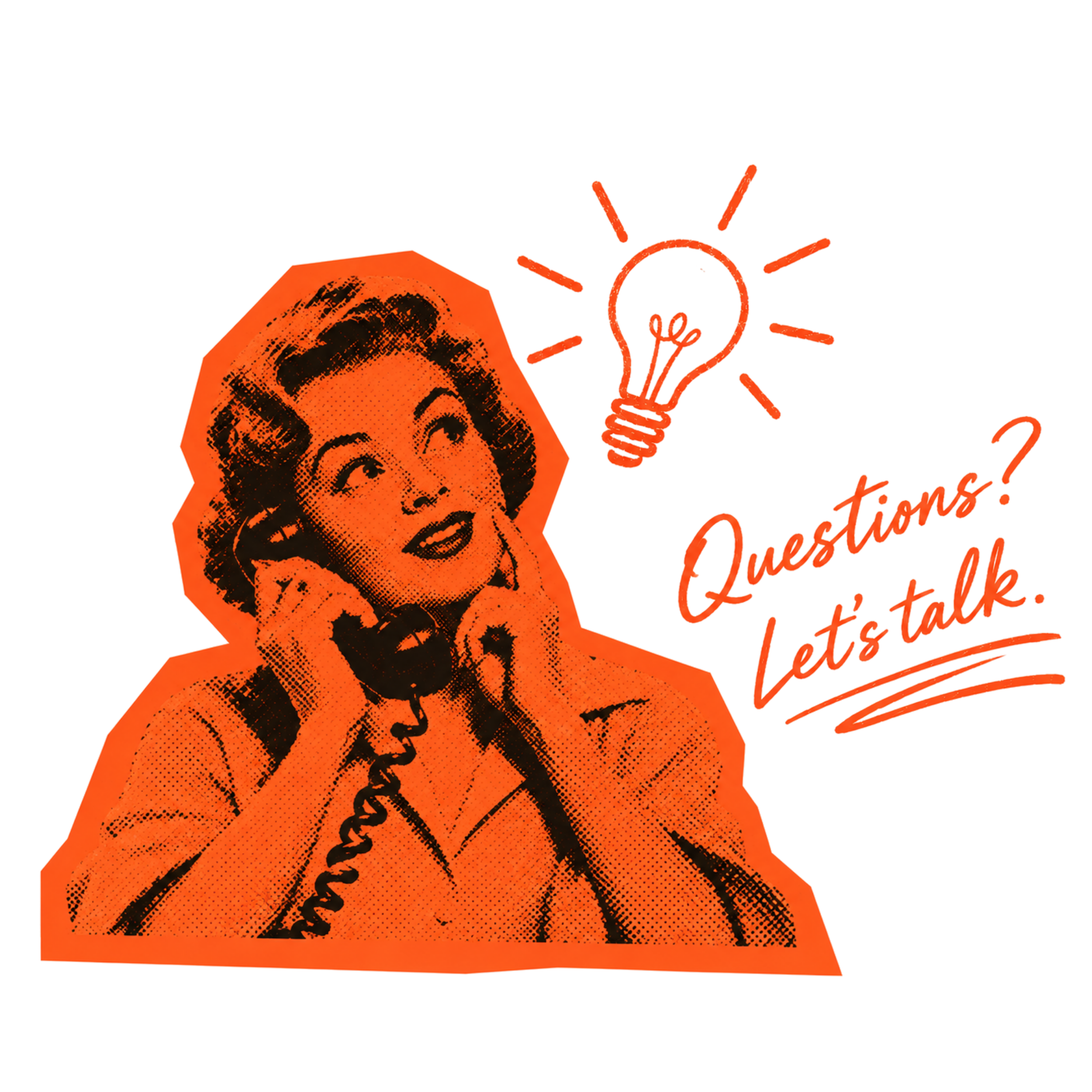 Retro illustration of a mom on the phone having a lightbulb moment, representing a Sleep Audit Call with pediatric sleep consultant Lauren Harvey.