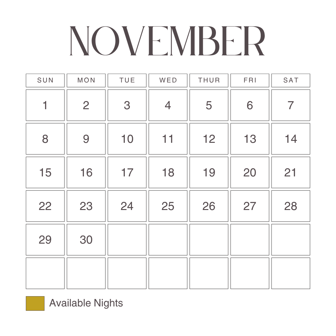 November monthly calendar showing dates 1 through 30 and a legend for available nights