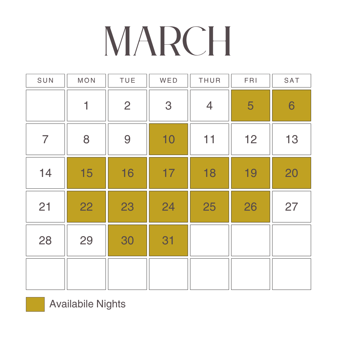 March calendar showing available nights highlighted in gold on March 5–6, 10, 15–20, 22–26, and 30–31.