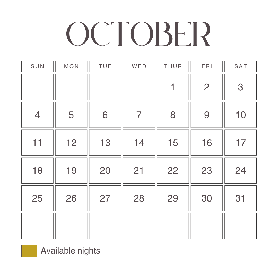 October calendar showing dates 1 through 31 and a legend for available nights
