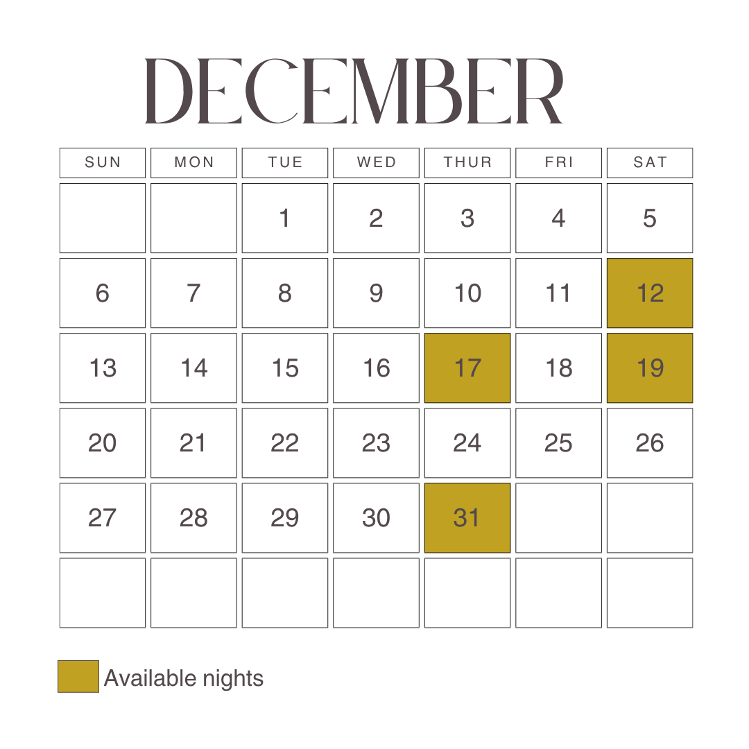 December availability calendar showing available nights highlighted on the 12th, 17th, 19th, and 31st.
