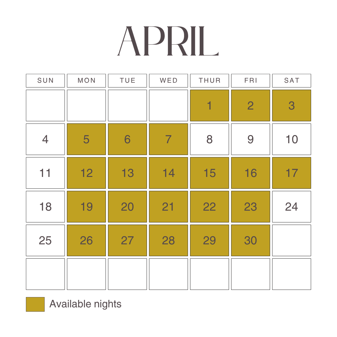 April availability calendar highlighting available nights in gold from April 1–3, 5–7, 12–17, 19–23, and 26–30.