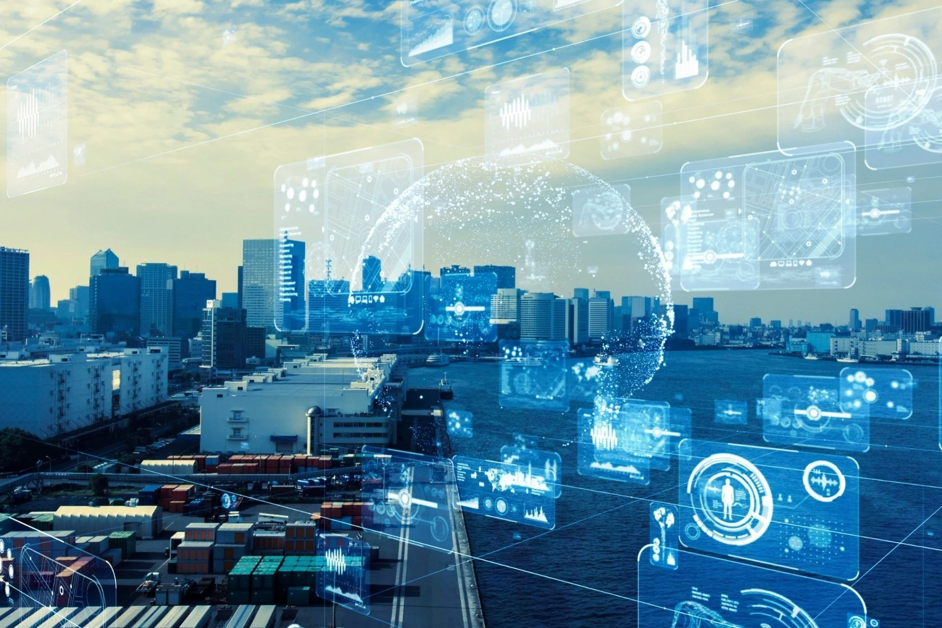 Modern city skyline with holographic data overlays illustrating real-time analytics and tech innovation