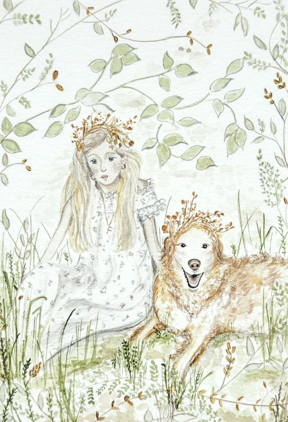 Storybook illustration of a young girl seated in nature beside a gentle dog, surrounded by leaves and soft greenery.