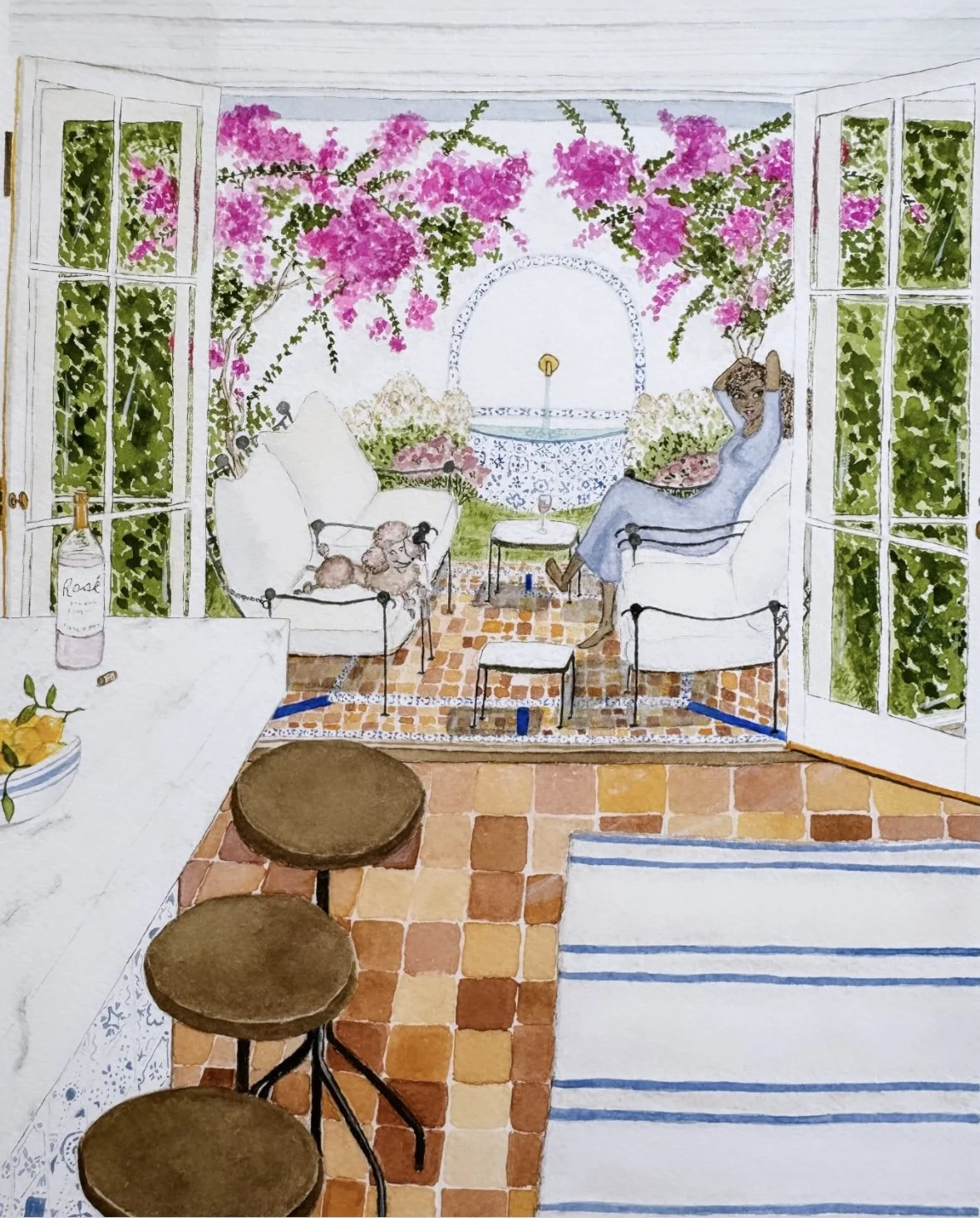 Illustration of a bright sunroom or patio with tiled floors, flowers, and relaxed figures enjoying a quiet moment