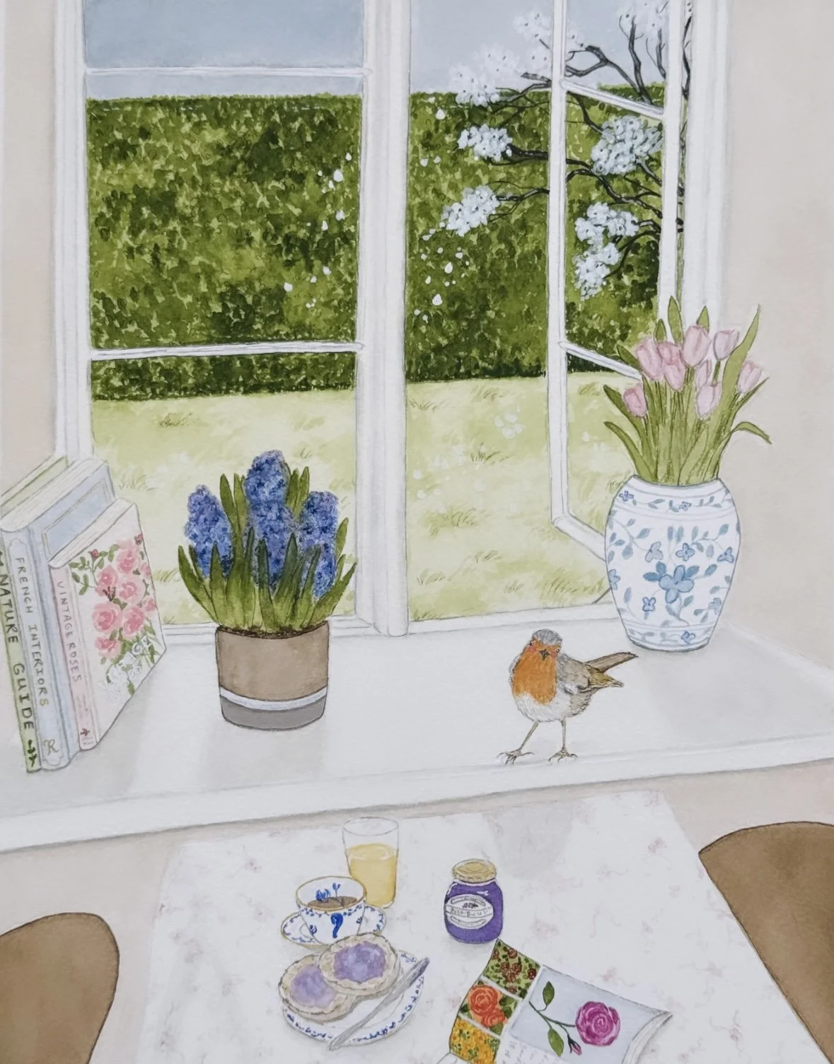 Whimsical illustration of a window sill with potted flowers, books, and a small bird looking inside a sunlit room.