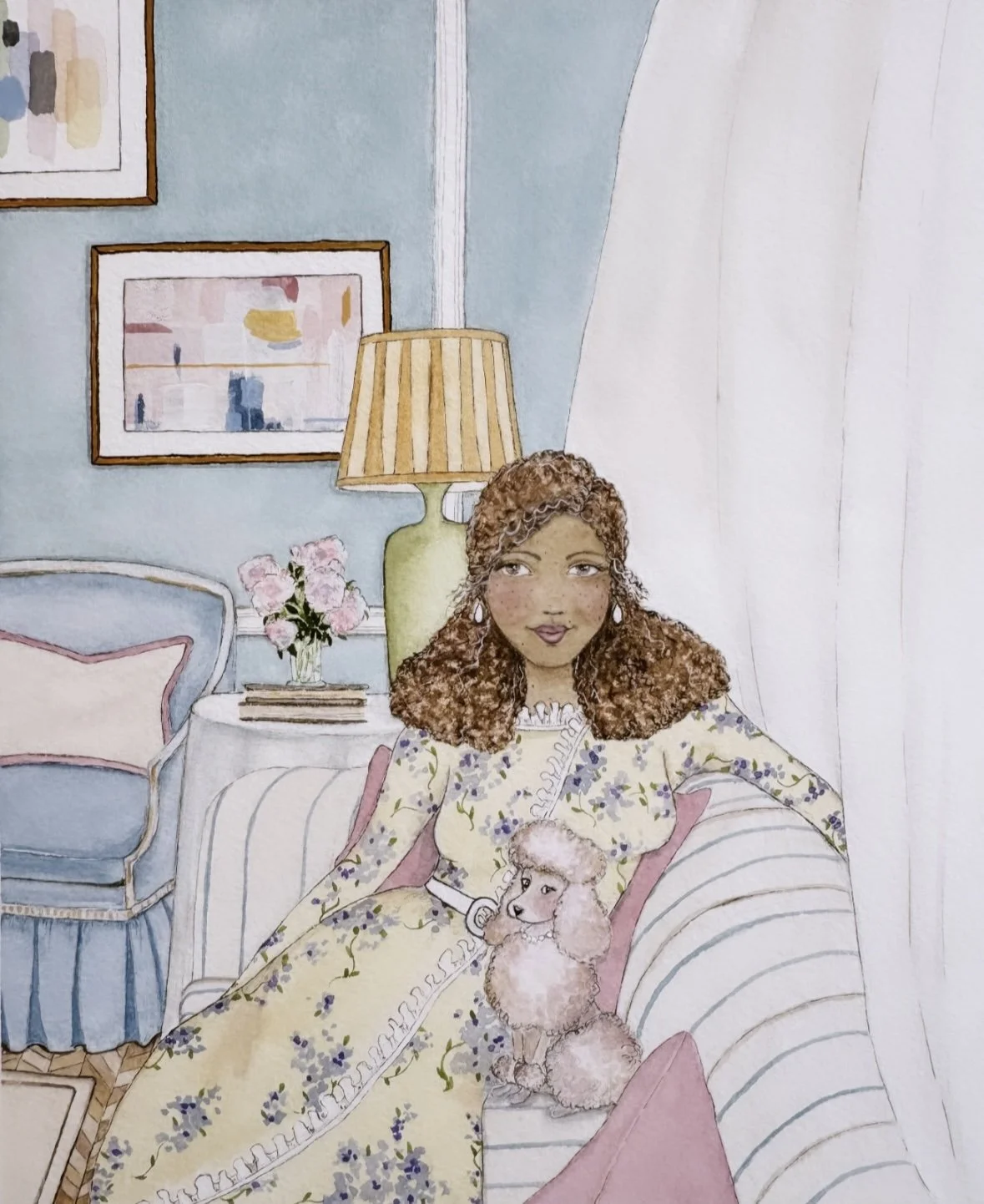 Illustrated storybook interior with a woman seated in a soft blue room, surrounded by framed art, flowers, and gentle pastel details.