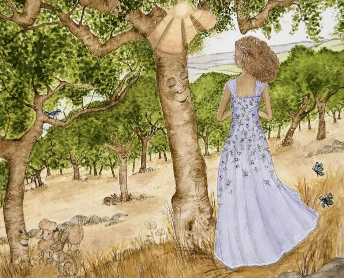 Illustration of a woman in a flowing dress standing among trees in a golden orchard or forest landscape with animals nearby.