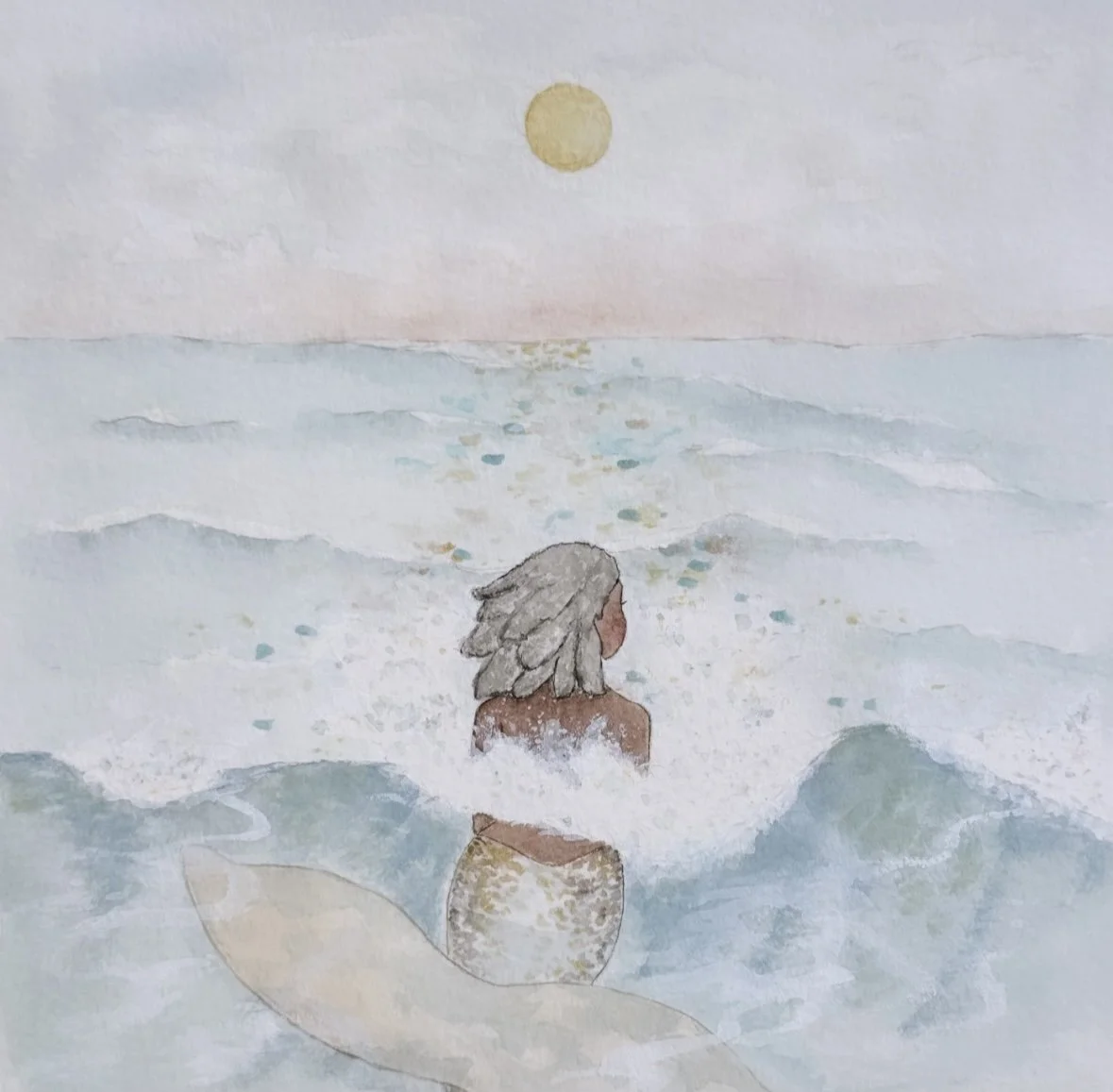 Dreamy illustration of a woman standing in gentle ocean waves beneath a pale sun and open sky.