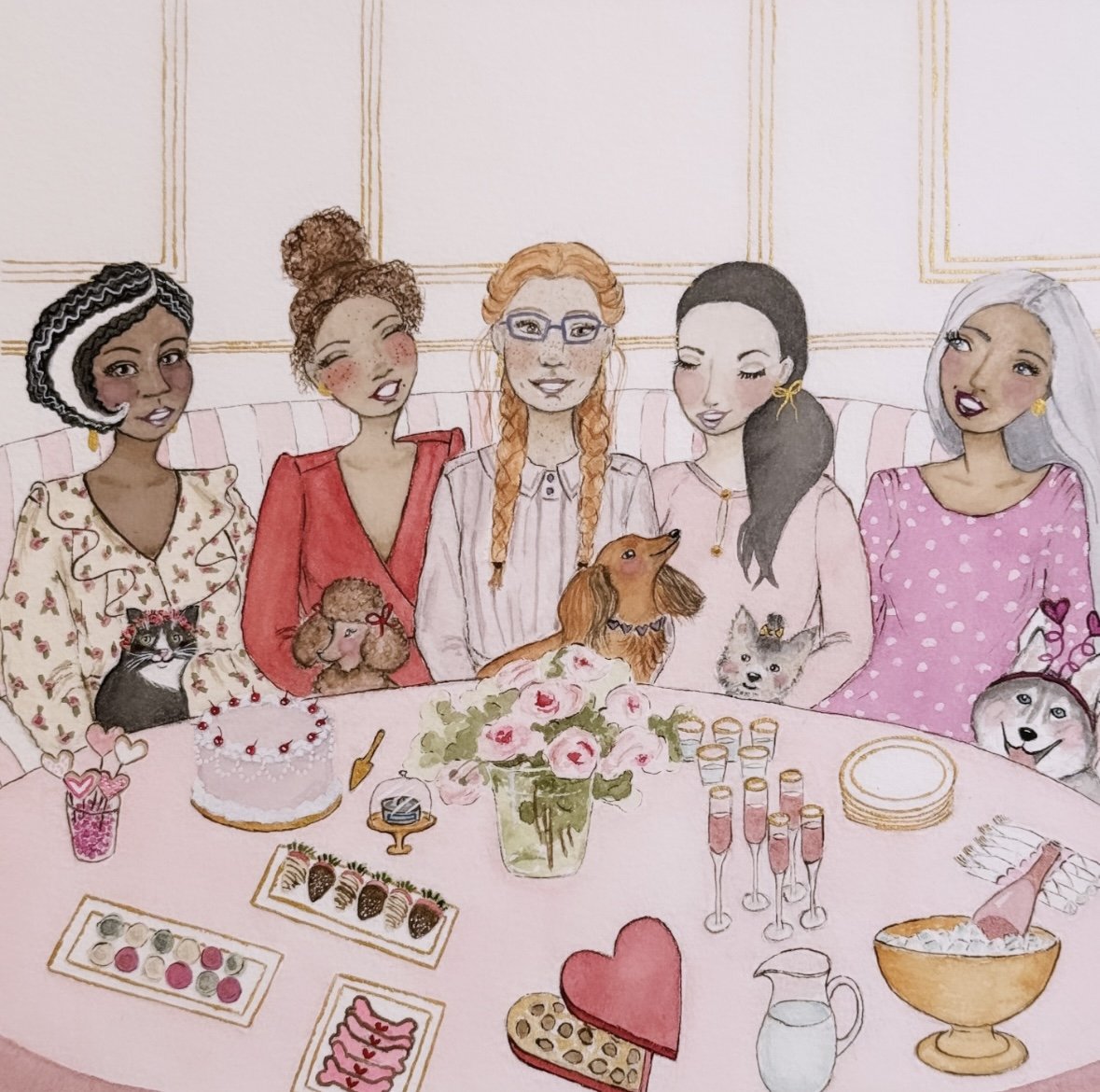 Storybook illustration of women and animals gathered around a decorated table celebrating with cakes, flowers, and shared joy.