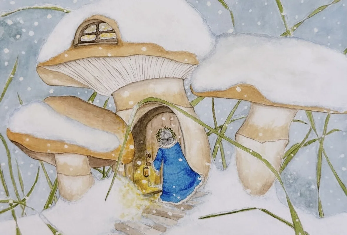 Whimsical winter illustration of a tiny figure entering a glowing mushroom house surrounded by snow and tall grasses.