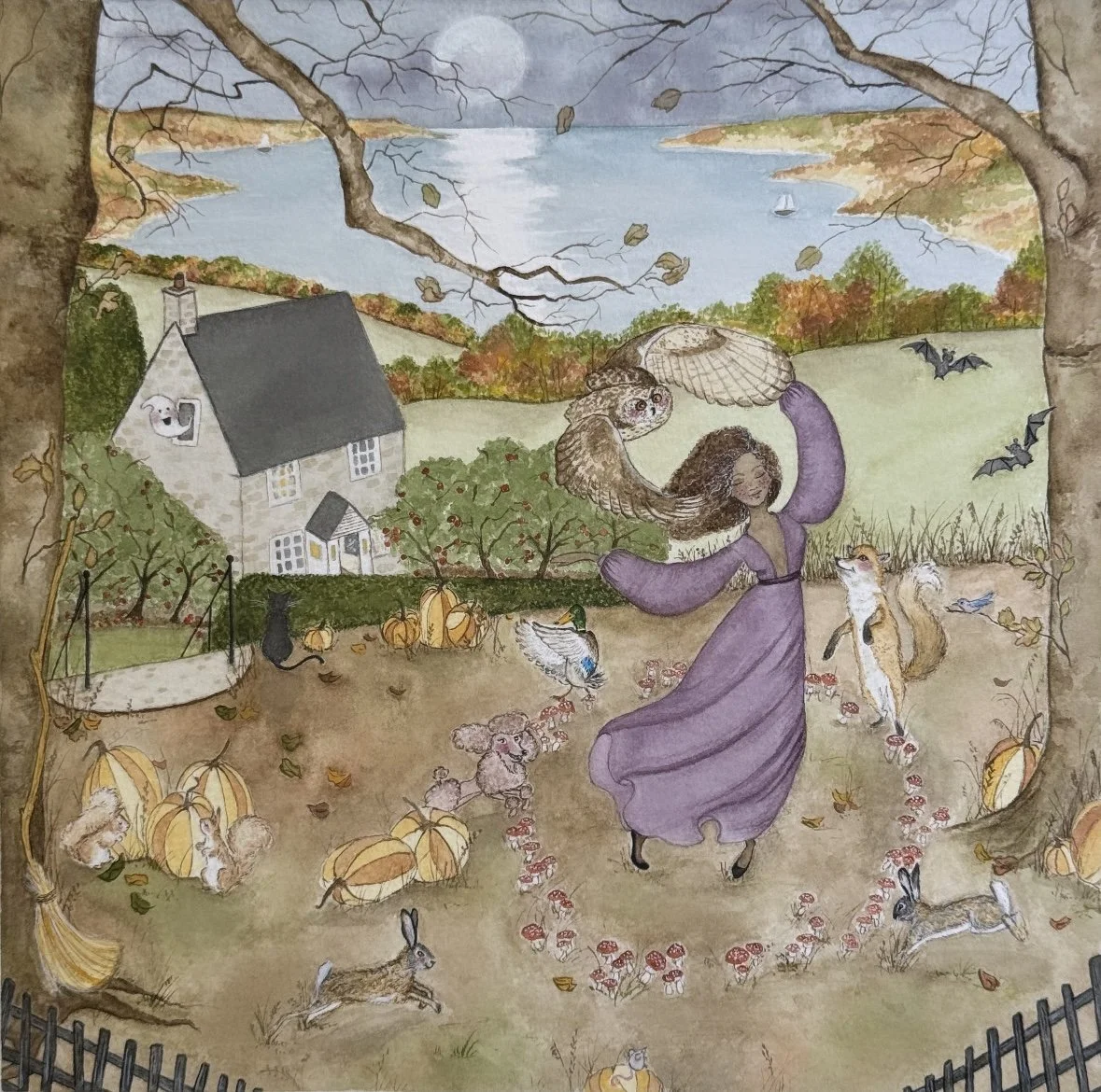 Whimsical woodland illustration of a woman dancing with animals in a forest clearing near a cottage.