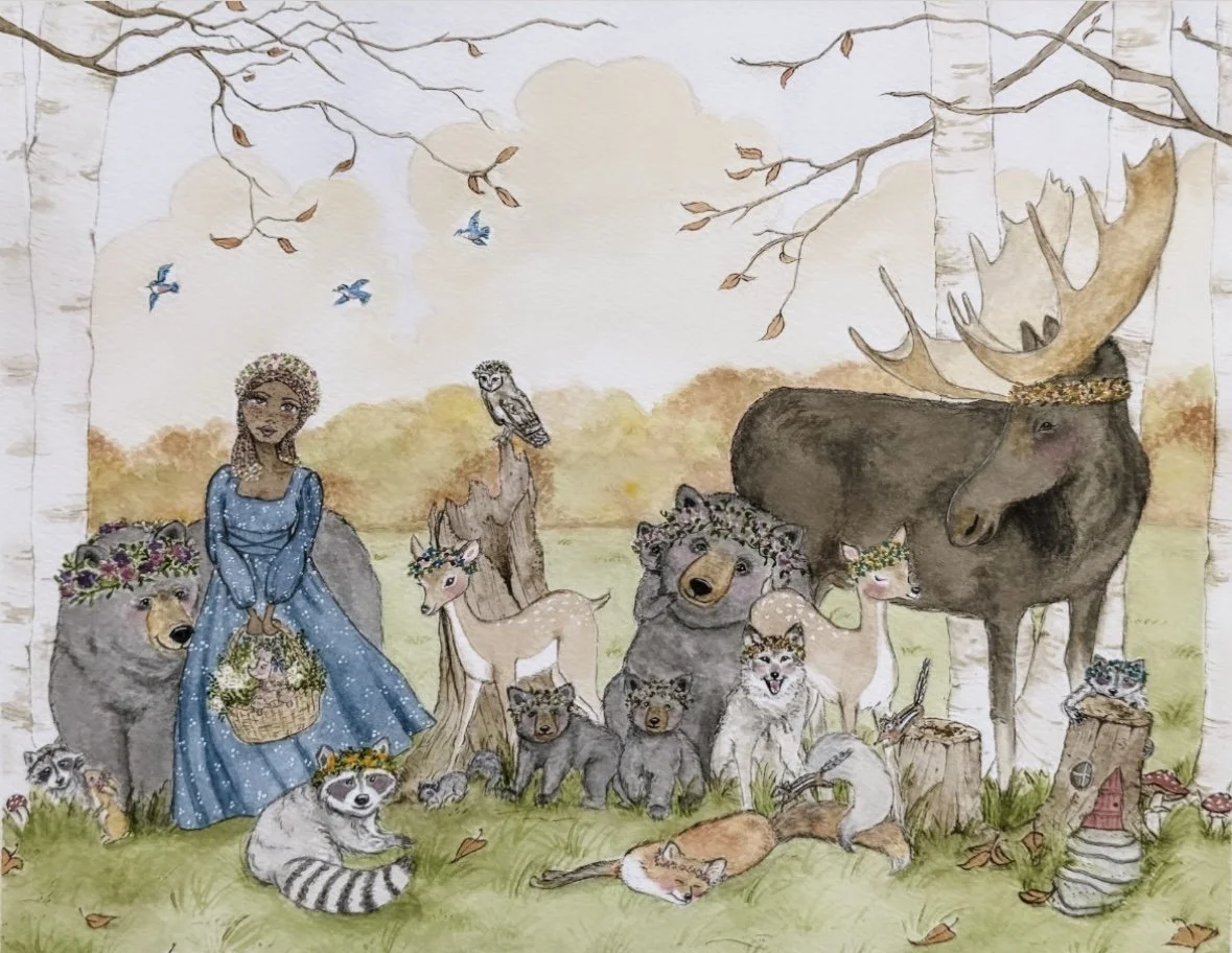 Storybook illustration of a woman surrounded by woodland animals in an autumn forest scene.