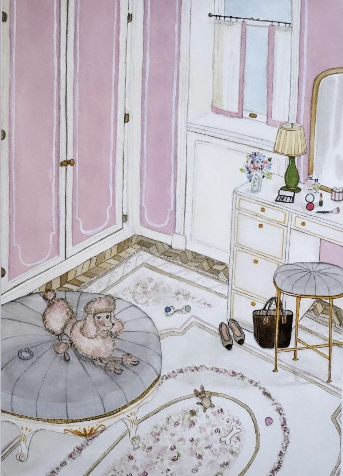 Illustrated pink bedroom interior with a small dog resting on a cushion, surrounded by elegant furniture and soft details.