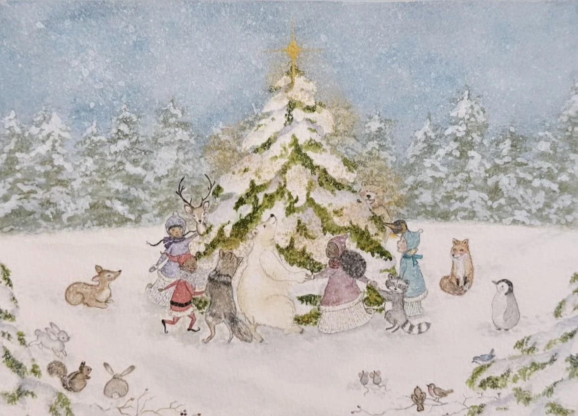 Festive winter illustration of children and animals dancing around a decorated tree in a snowy forest.