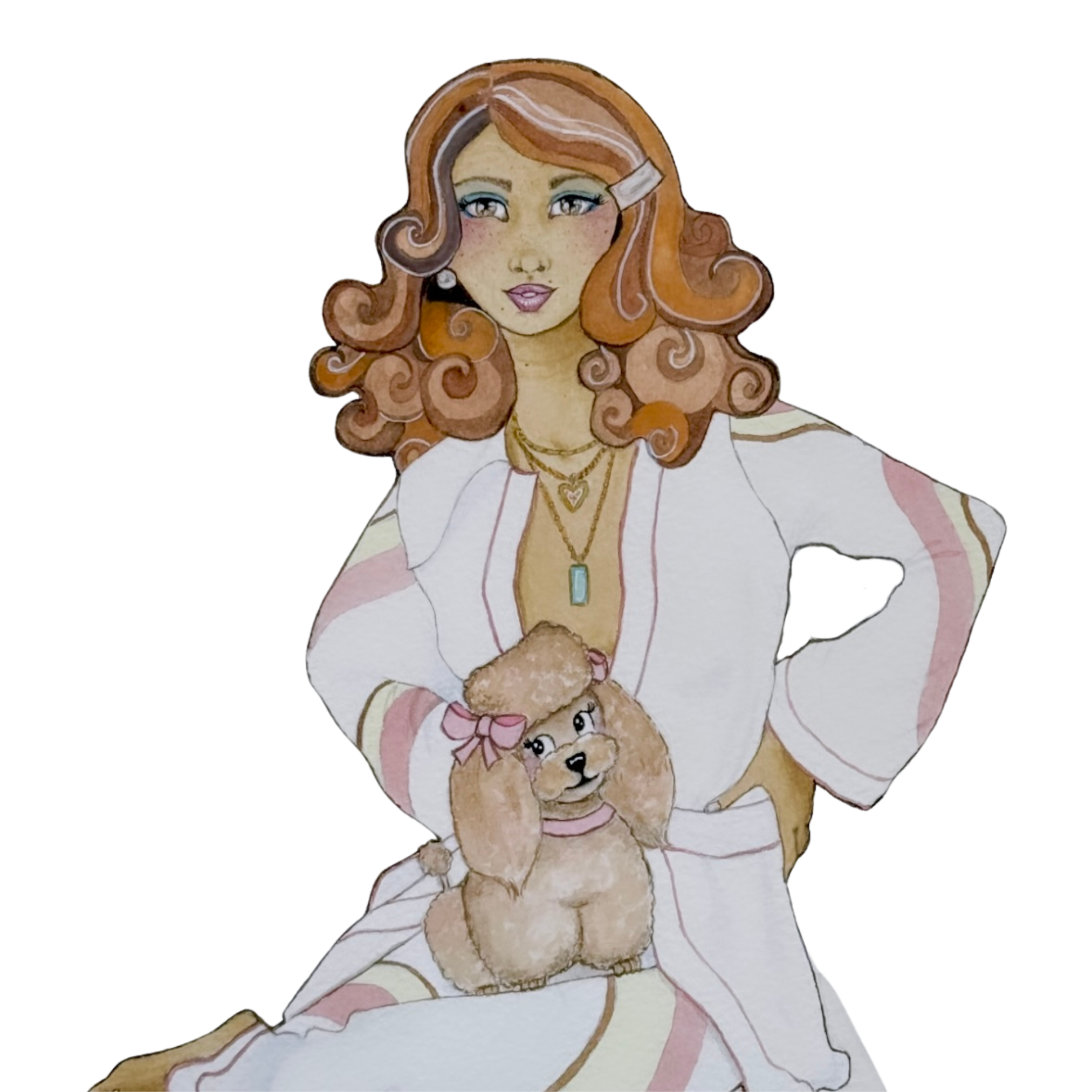Illustration of a woman with wavy brown hair, wearing a white and pink dress, holding a small brown poodle with a pink bow. She is The Peculiar Fleurette