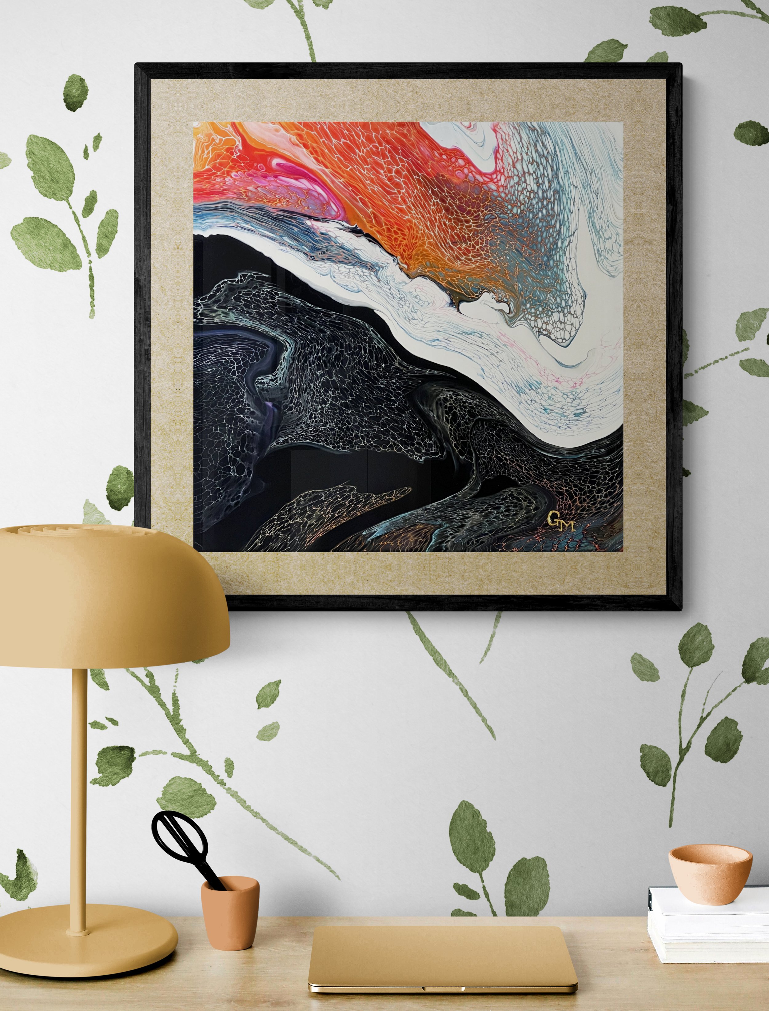 SOLD- Color Flow, Signed Original, Thin Framed Canvas, 20"h x 20"w, Gloss Varnished In Room Example. 
Canvas prints are available through the Print Store