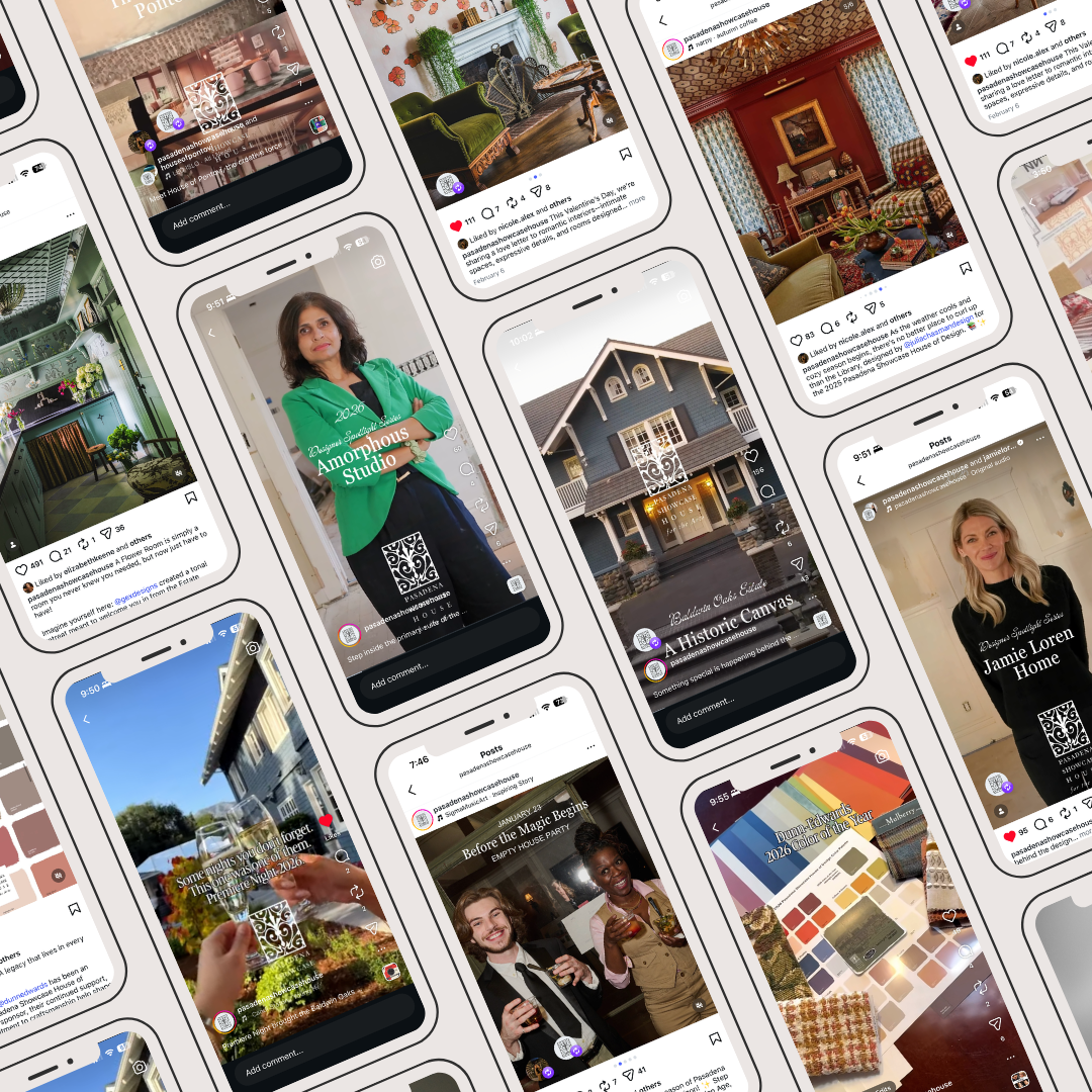 Multiple smartphone screens displaying social media posts about interior design and home decor, featuring images of rooms, furniture, and design projects.