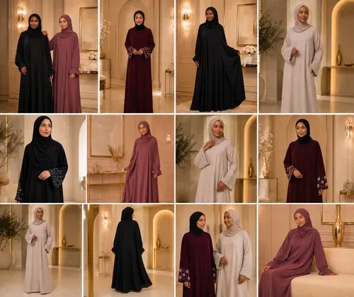 A collage of women wearing different styles and colors of abayas and hijabs, posing indoors in elegant, warmly lit rooms with decorative elements.