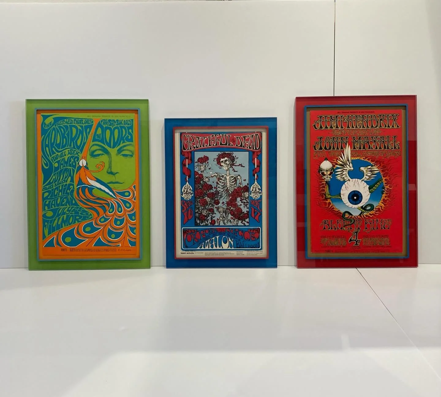 The bright, bold beauty of Prisma!  Here is a collection of vintage concert posters that shine with the color of the clear acrylic Prisma frames.  They also make a great cohesive collection.  The Doors and Jimi Hendrix posters are floated and the Gra