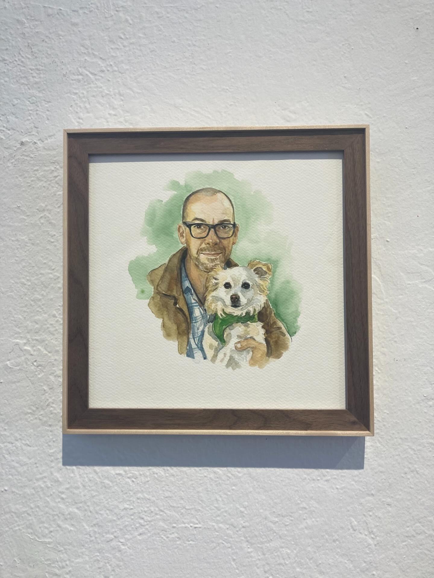Wonderful little watercolor portrait framed in a custom hardwood frame made by Woodworks Imagery.  It has a panel of solid walnut on the inside and maple raised border along the edges.  As a fun detail, we had the corner splines made in maple that wa