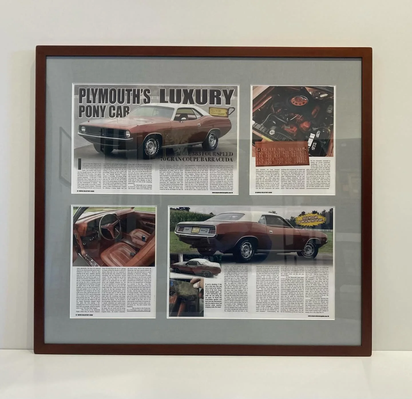 Welded steel can be a great material for framing.  Here we used the rusted copper color, made by Bridger Metal Works, on this article about a vintage muscle car and it complements the car perfectly.  Paired with the gray fabric mat, they make a beaut