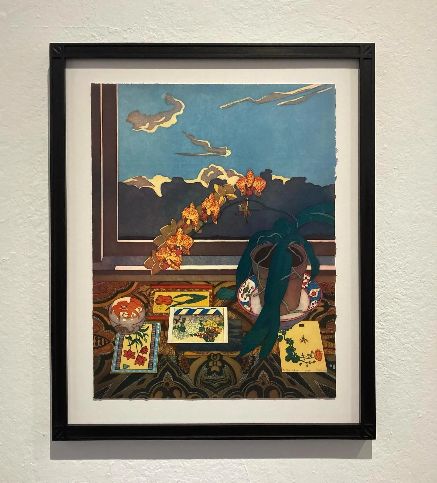 The power of a little corner detail can take your piece from good to great.  This frame, carved and stained by Daedalian, has a beautiful corner detail and a panel shape that complements many of the shapes in this Japanese inspired lithograph.  The p