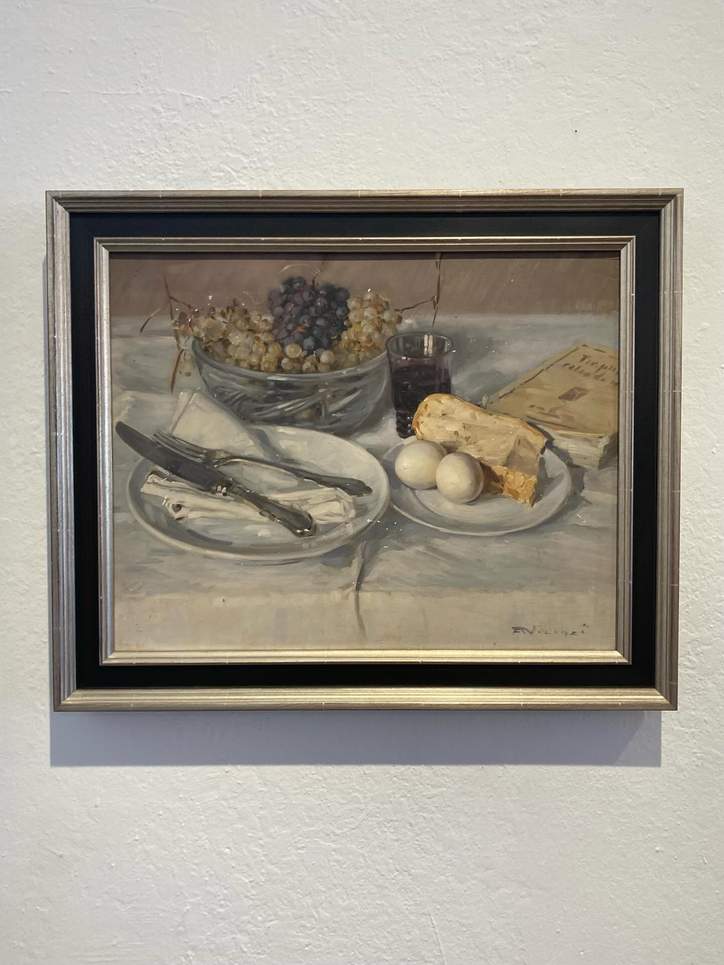 A traditional framing style is perfect for this oil still life painting.  It keeps the piece looking like how it could have originally framed.  Here is a frame made by CDNV.  It is a traditional panel shape with silver metal leafing on the lip and th