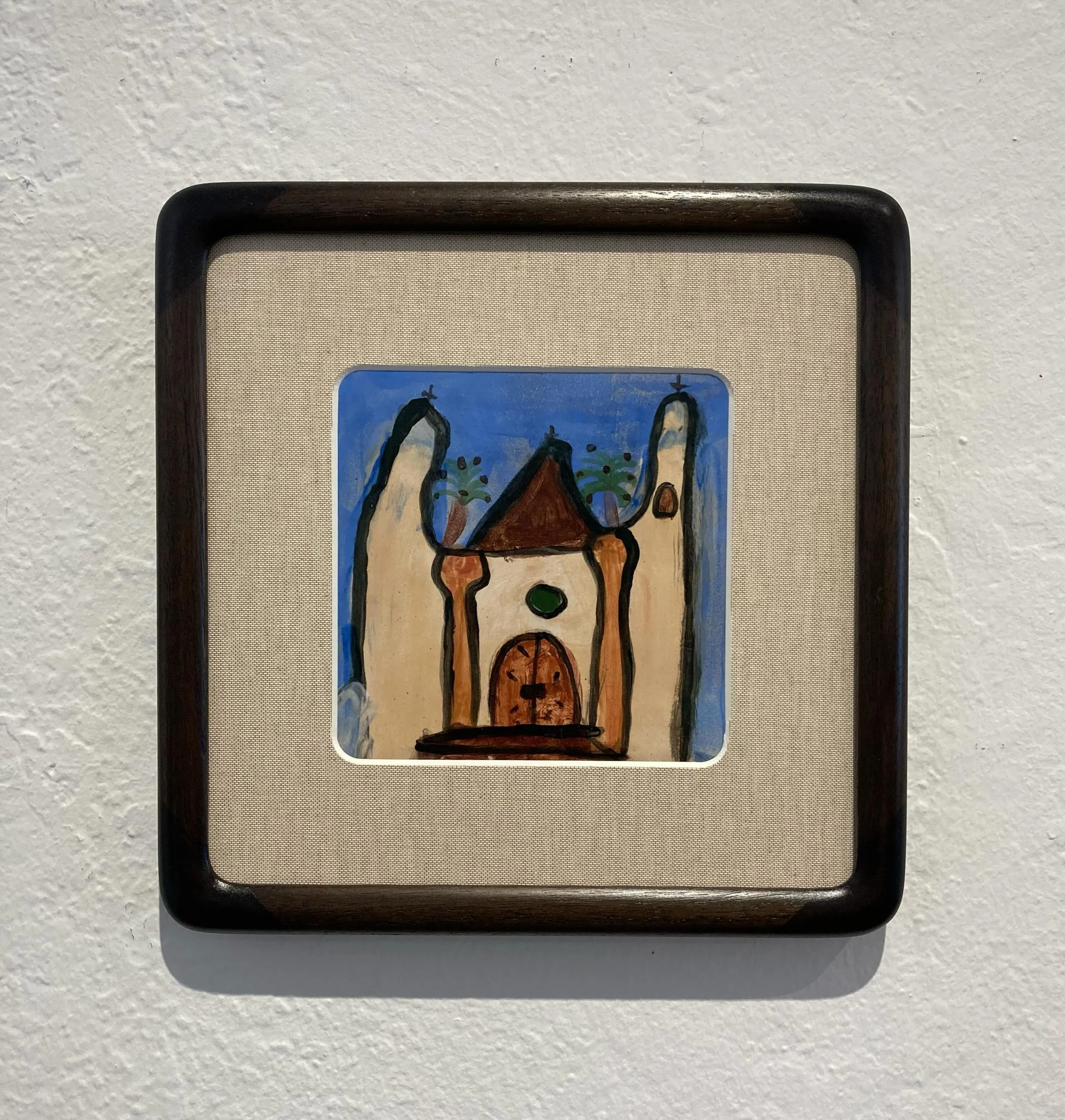 Sometimes you just need rounded corners!! There are virtually no straight lines in this painted tile of a mission.  The rounded corners of the mat and the frame keep everything cohesive.
#framecraftersgallery #framedtiles #roundedcorners #handmadefra