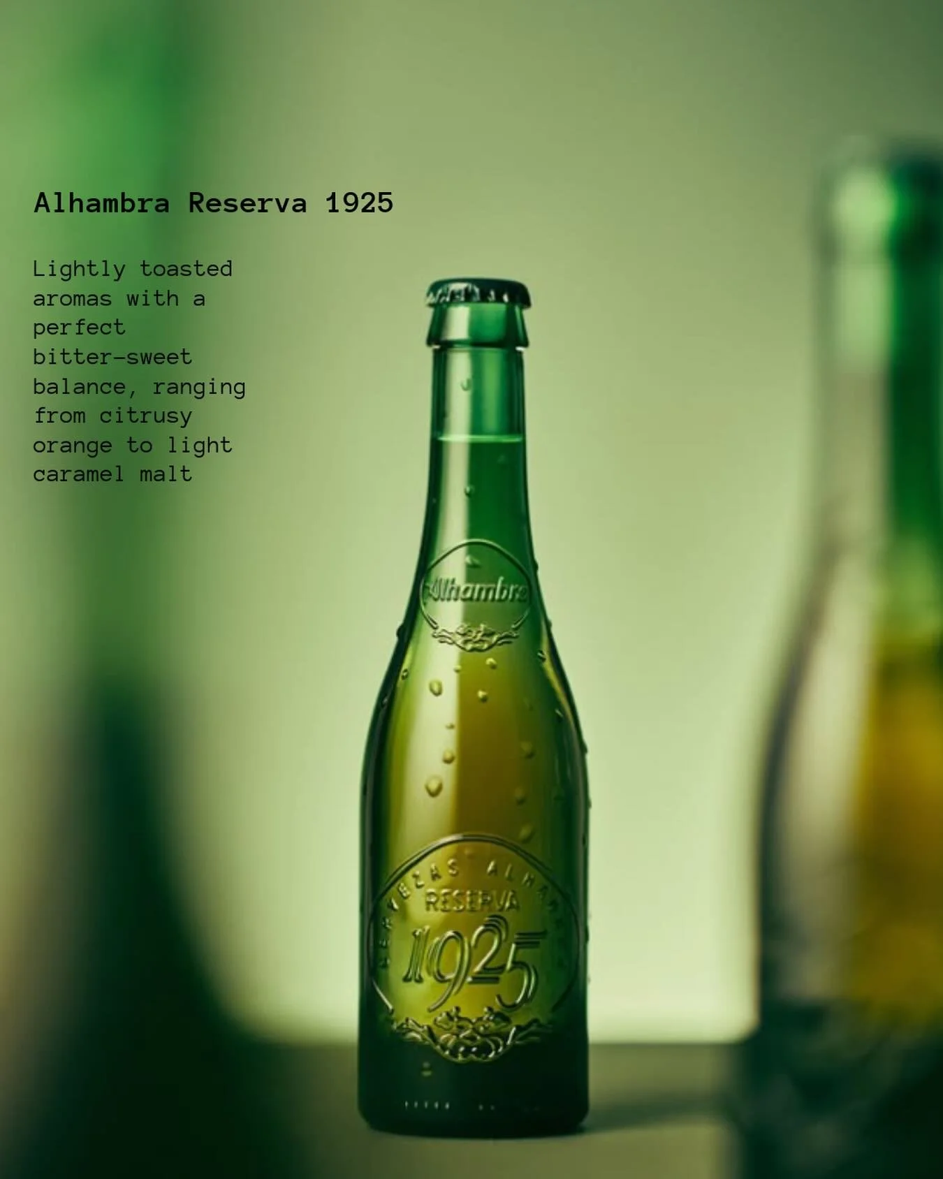 This liquid has lore:

Meet Alhambra Reserva 1925 - luxury in a bottle. Born in Granada, this Spanish classic takes its name from the year the brewery first opened its doors, &amp; you can feel the heritage in every detail. 

The embossed bottle sets