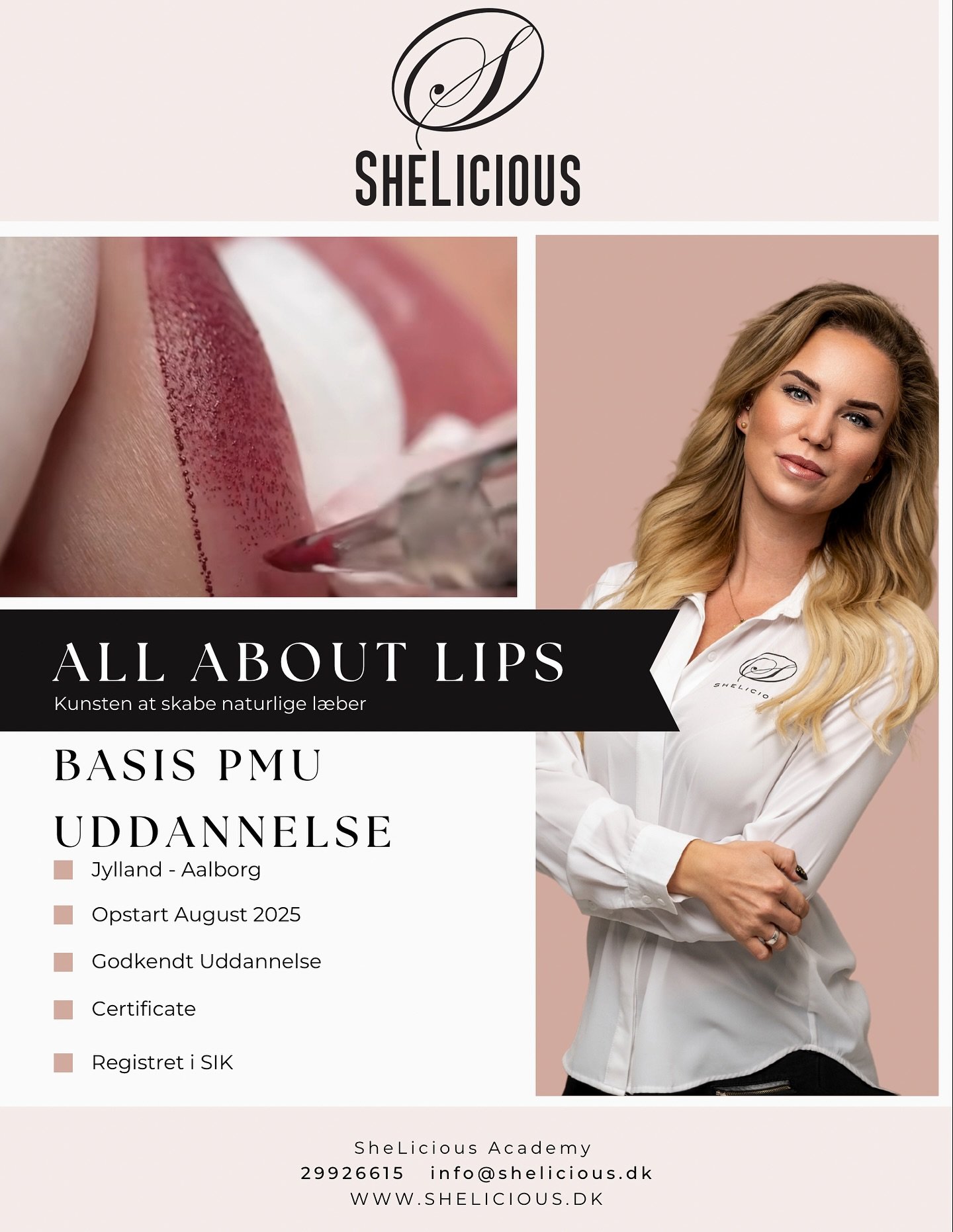 Bliv en top-performer inden for PMU-l&aelig;ber med SheLicious Academy 💋

Dr&oslash;mmer du om at mestre permanent makeup (PMU) l&aelig;ber og skabe en succesfuld karriere? Hos SheLicious Academy f&aring;r du en eksklusiv basisuddannelse, der kl&ael