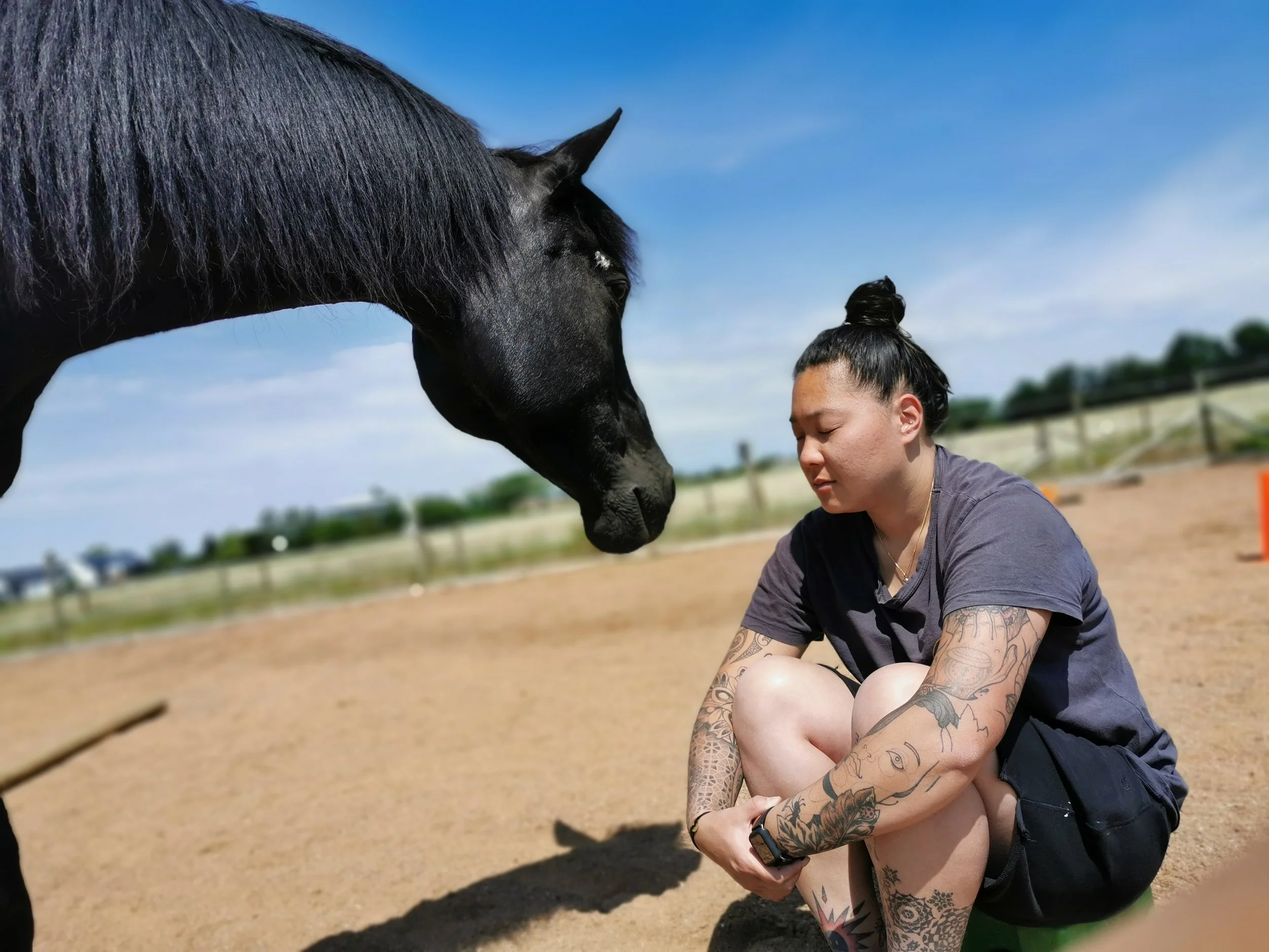 Frau sitzt mit geschlossenen Augen auf dem Boden, schwarzes Pferd wacht über sie