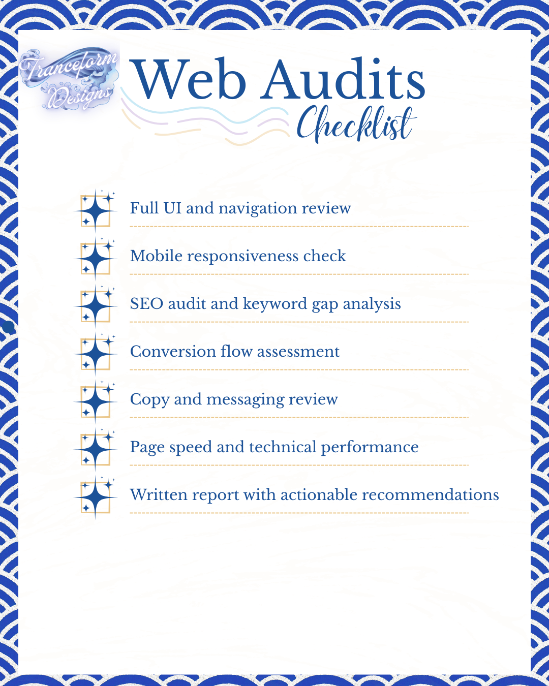 For healers and hypnotherapists, a web audit checklist with tasks including full UI review, mobile responsiveness check, SEO and keyword analysis, conversion flow assessment, content review, page speed, technical performance, and reporting.