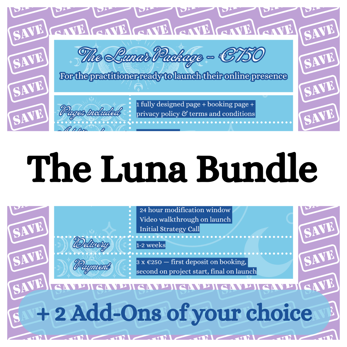 Web design for healers and hypnotherapists: in the Luna Bundle, worth €1150, you get what is included in the Luna package in addition to 2 add-ons of your choosing for a total of €930 instead of €1150.