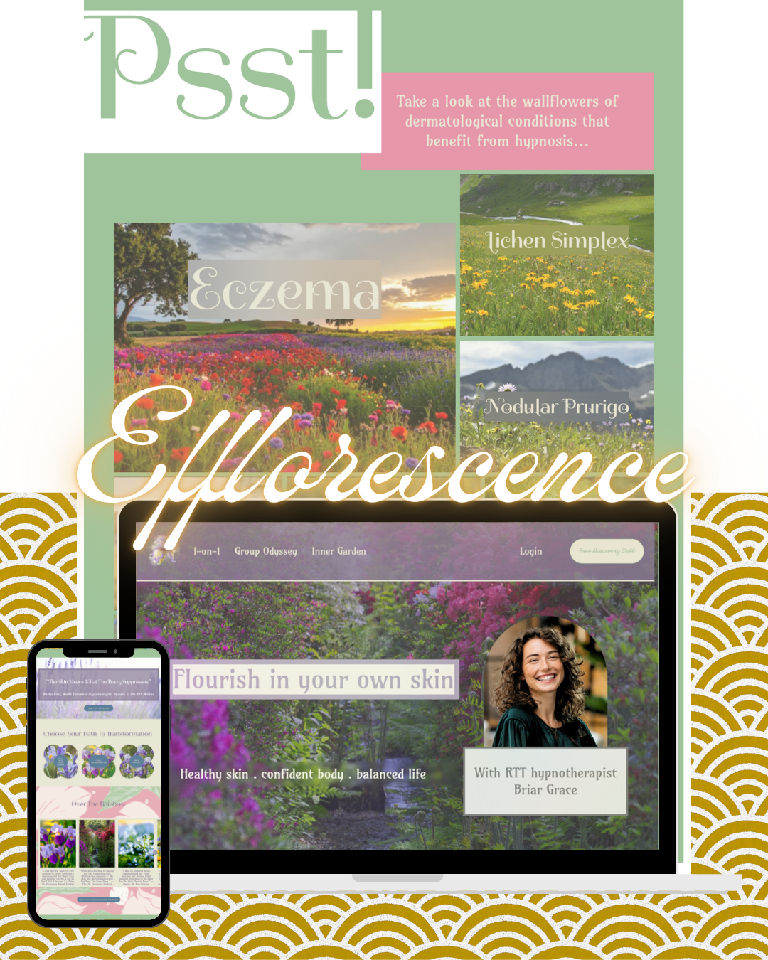 Eflorescence, a fictional hypnotherapy client's website from scratch, a portfolio piece done for a fairycore hypnotherapist specialising in skin conditions like eczema and psoriasis, helping her clients heal the emotional roots behind their symptoms
