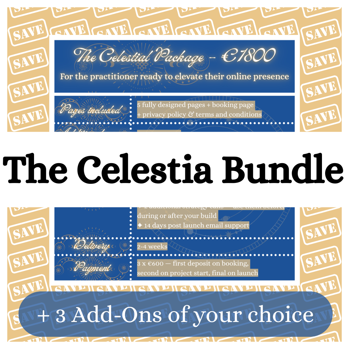 Web design for healers and hypnotherapists: in the Celestia Bundle, worth €2400, you get what is included in the Celestia package in addition to 3 add-ons of your choosing for a total of €2100 instead of €2400.