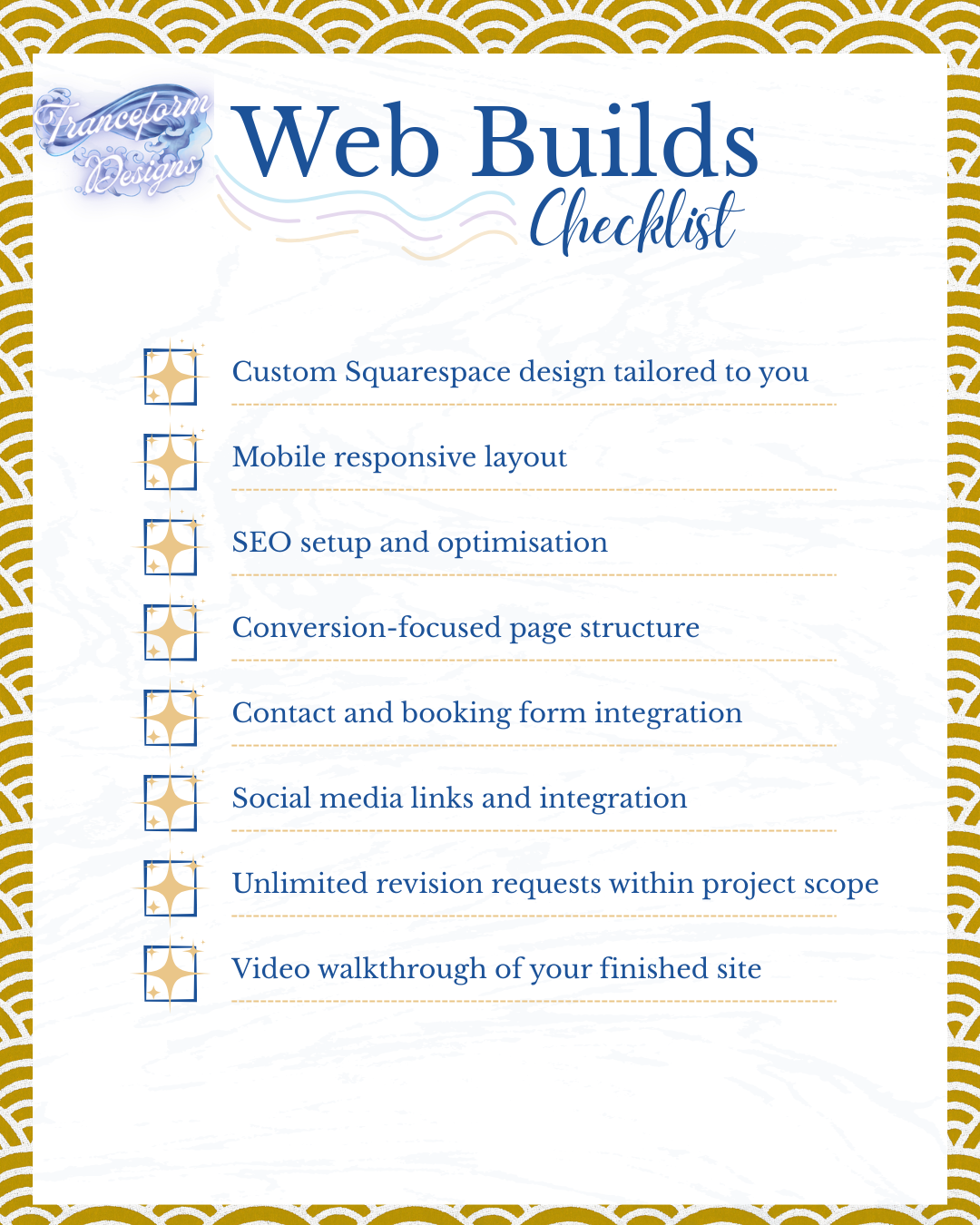 Checklist for building a website for healers and hypnotherapists includes items like custom design, mobile responsiveness, SEO setup, page structure, contact form, social media links, revisions, and site walkthrough.