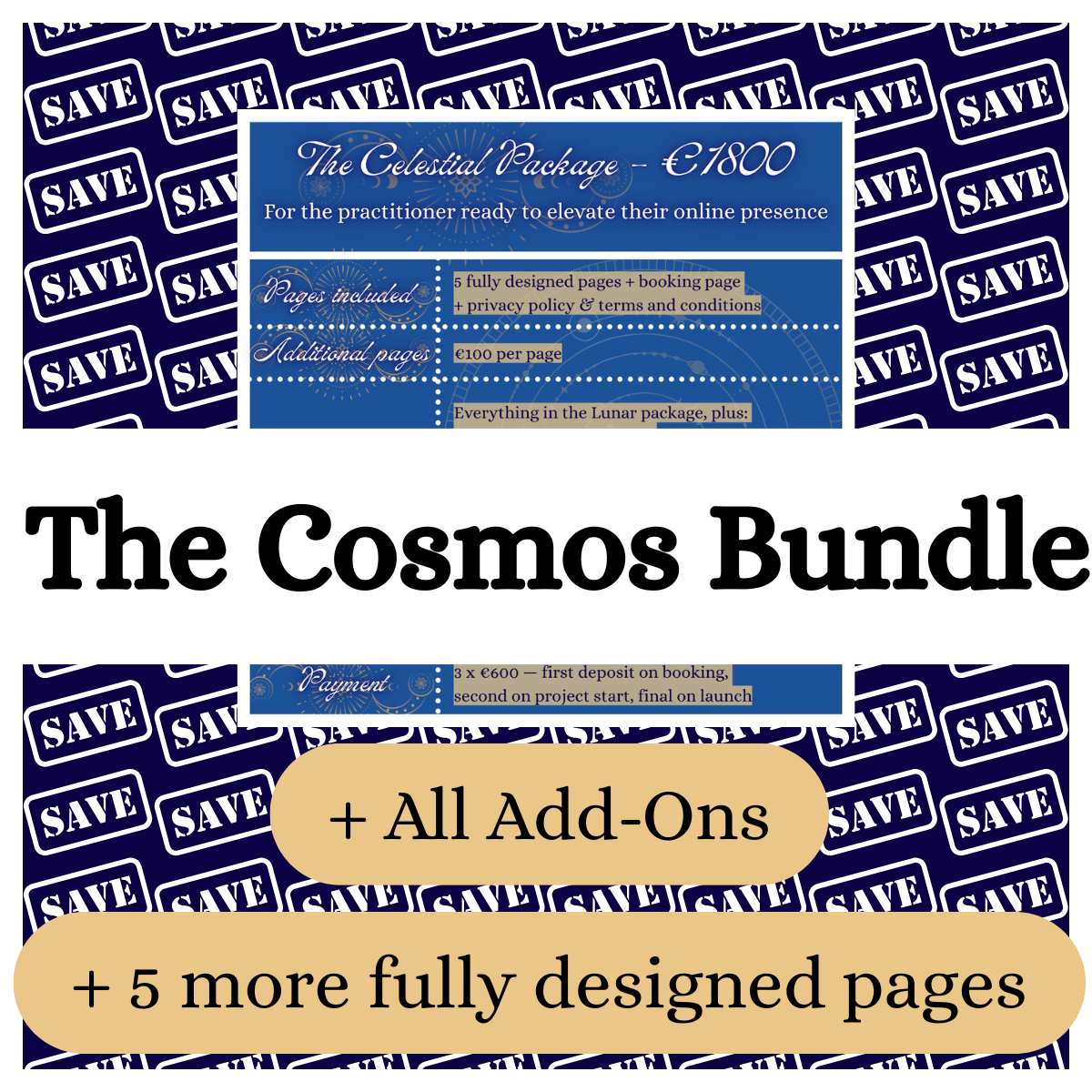 Web design for healers and hypnotherapists: In the Cosmos Bundle, worth €3500, you get everything included in the Celestia package, all 6 add-ons, and an additional 5 fully designed pages (5+5 = 10) for a total of €3000 instead of €3500.