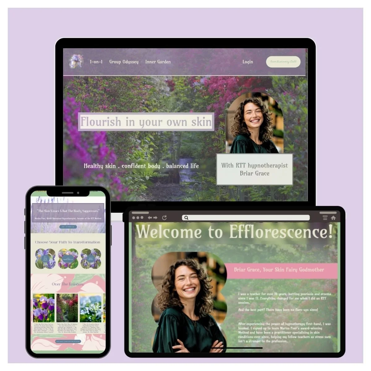 Screenshots of a website on desktop and mobile for a fictional hypnotherapist specializing in skin health and confidence. The website features images of Briar Grace, floral backgrounds, and text promoting skin wellness and transformation programs.