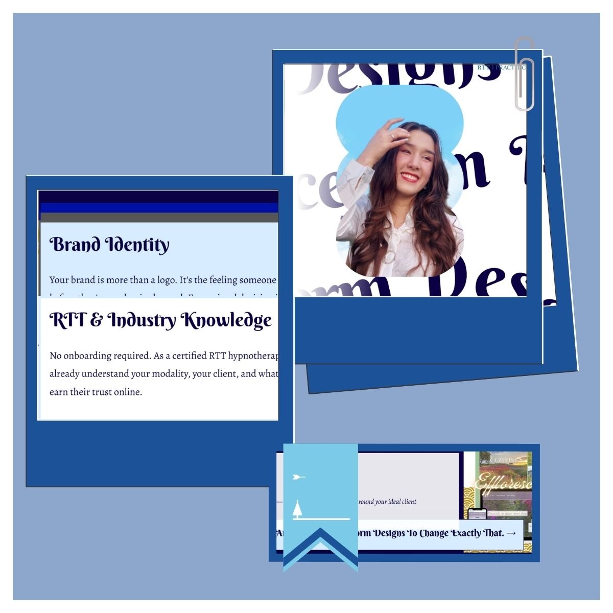 Multiple overlapping pages with text and images, showcasing features of Tranceform Designs, the website specialising in web design for healers and hypnotherapists.