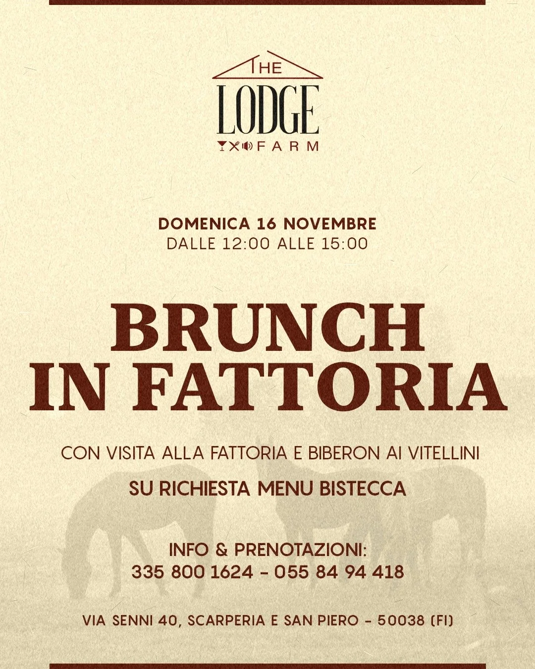 Brunch in Fattoria | The Lodge Farm

Domenica 16 Novembre dalle 12:00 alle 15:00
il nostro Brunch in Fattoria ti aspetta tra sapori autentici e natura.

Un men&ugrave; ricco di prodotti del Palagiaccio, formaggi e carni del Mugello, vini DOCG e dolci